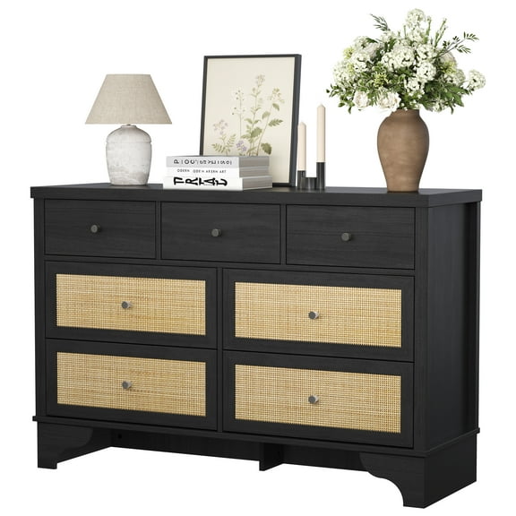 Farmhouse Dresser For Bedroom With 7 Drawer 47.3'' Wide Wooden Chest Of Drawers With Natural Rattan Drawers Vintage Storage Organizer with Sturdy Base for Living Room, Entryway and Hallway