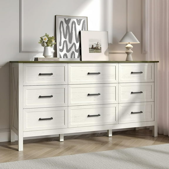 Farmhouse Dresser for Bedroom, 9 Drawers Dresser with Metal Handle, Natural Texture, Wood Rustic Chest of Drawers for Bedroom,Living Room,Hallway and Entryway, Antique White