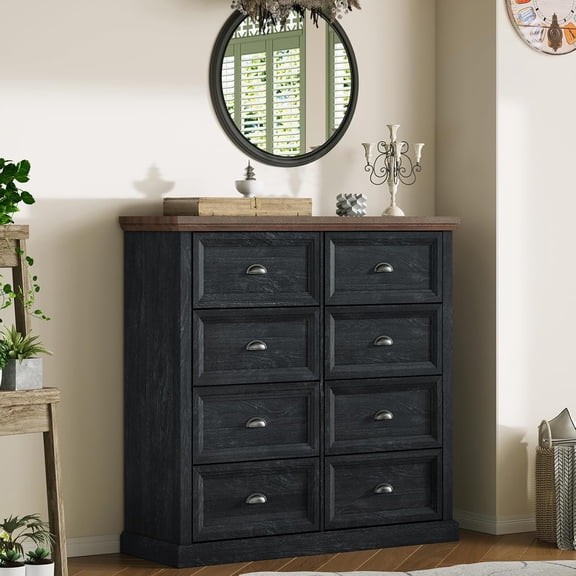 Farmhouse Dresser, Wood Rustic 39.4" Tall 8 Drawer Dresser Chest of Drawers Organizer Storage for Closet for Living Room, Bedroom,Dark Blue