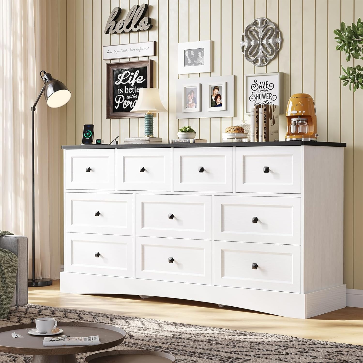 Farmhouse Dresser for Bedroom 55" Long 10 Drawers Dresser with Charging Station, Large Chest of Drawers for Bedroom Living Room Closet, White&Black