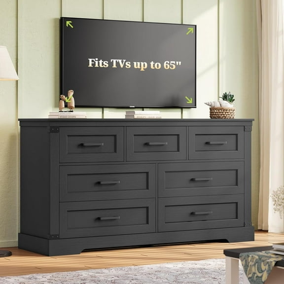 Farmhouse Dresser for Bedroom 7 Drawers Dresser with Thick Styling, Black Chest of Drawers or Storage Organizer for Living Room Hallway
