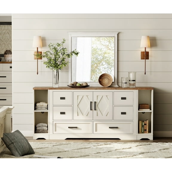 Farmhouse Dresser with 6 Drawers,3-in-1 Dresser 2 Barn Doors and 2 Shelves,Antique White