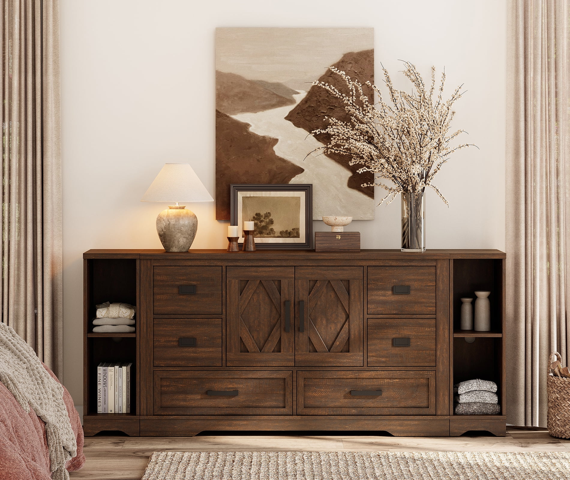 Farmhouse Dresser with 6 Drawers,3-in-1 Dresser 2 Barn Doors and 2 Shelves,Dark Brown