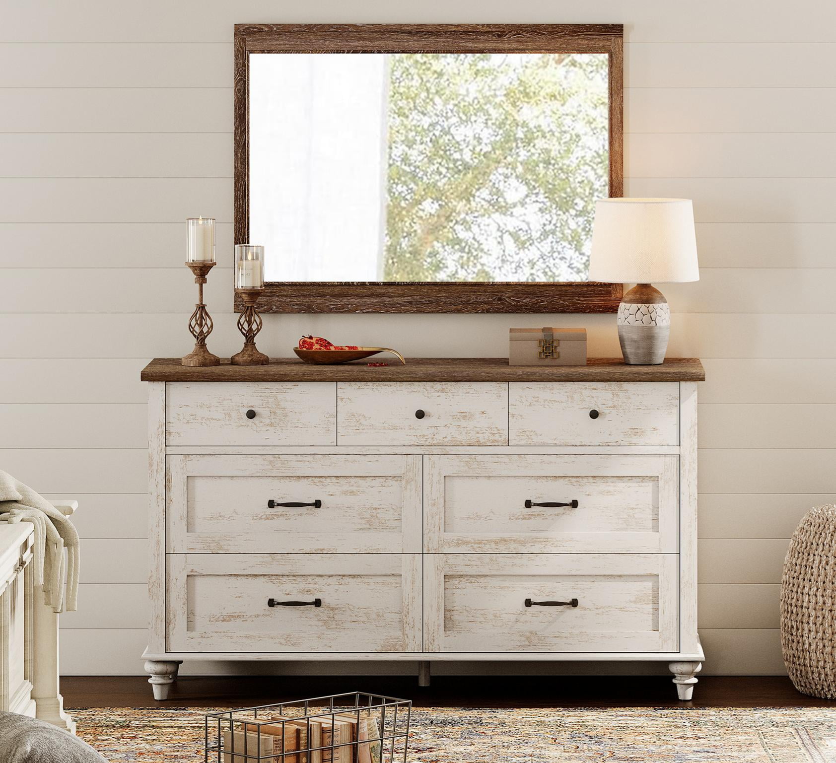 Farmhouse Dresser with 7 Drawers, Wooden Kids Dresser for Kids Room Living Room, Antique White