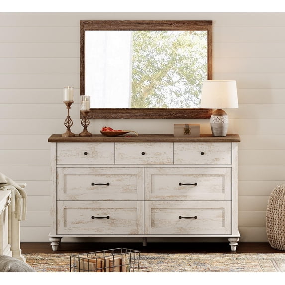 Farmhouse Dresser with 7 Drawers, Wooden Kids Dresser for Kids Room Living Room, Antique White