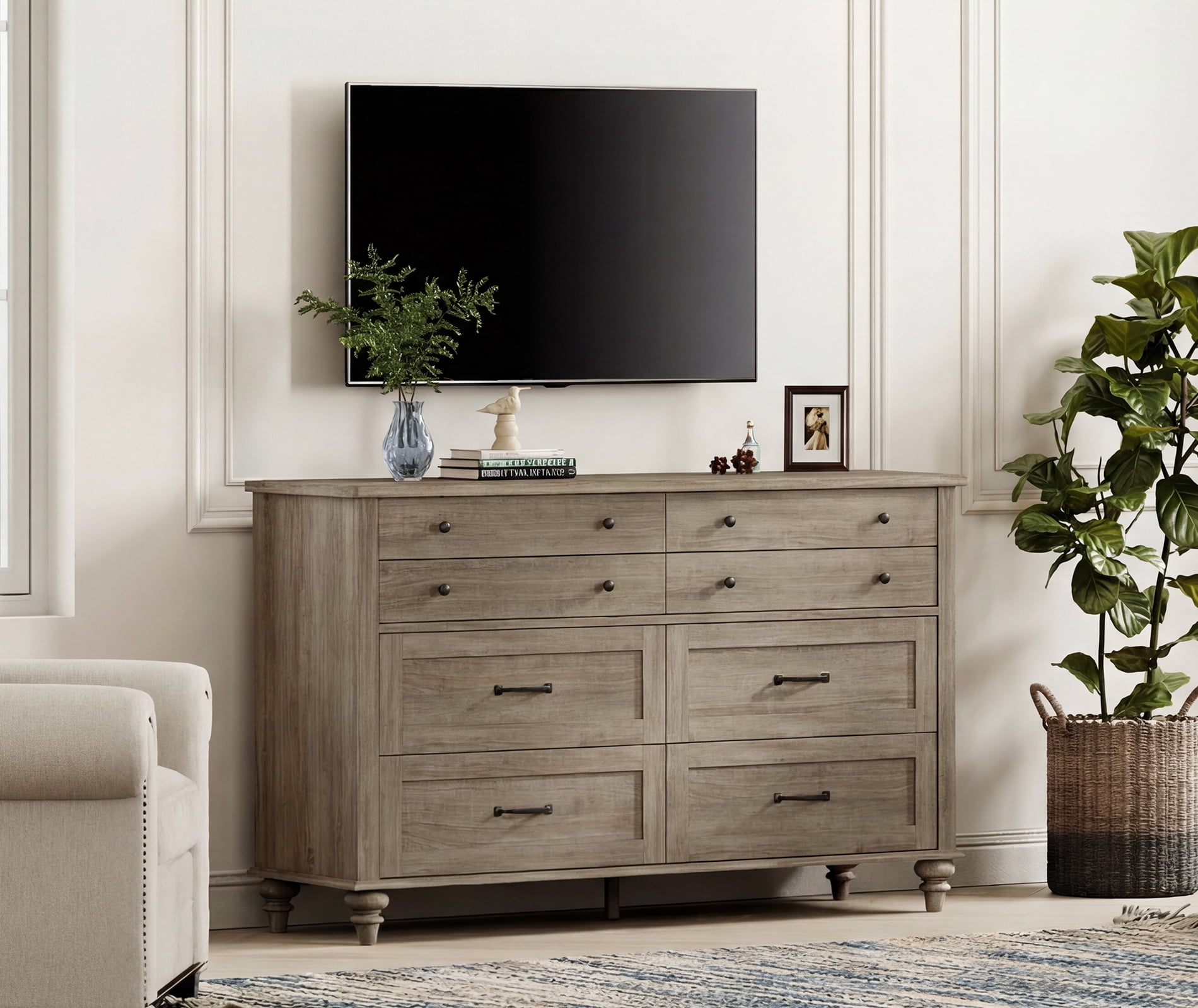 Farmhouse Dresser with 8 Drawers, Wood Kids Dresser for Bedroom Living Room, Gray