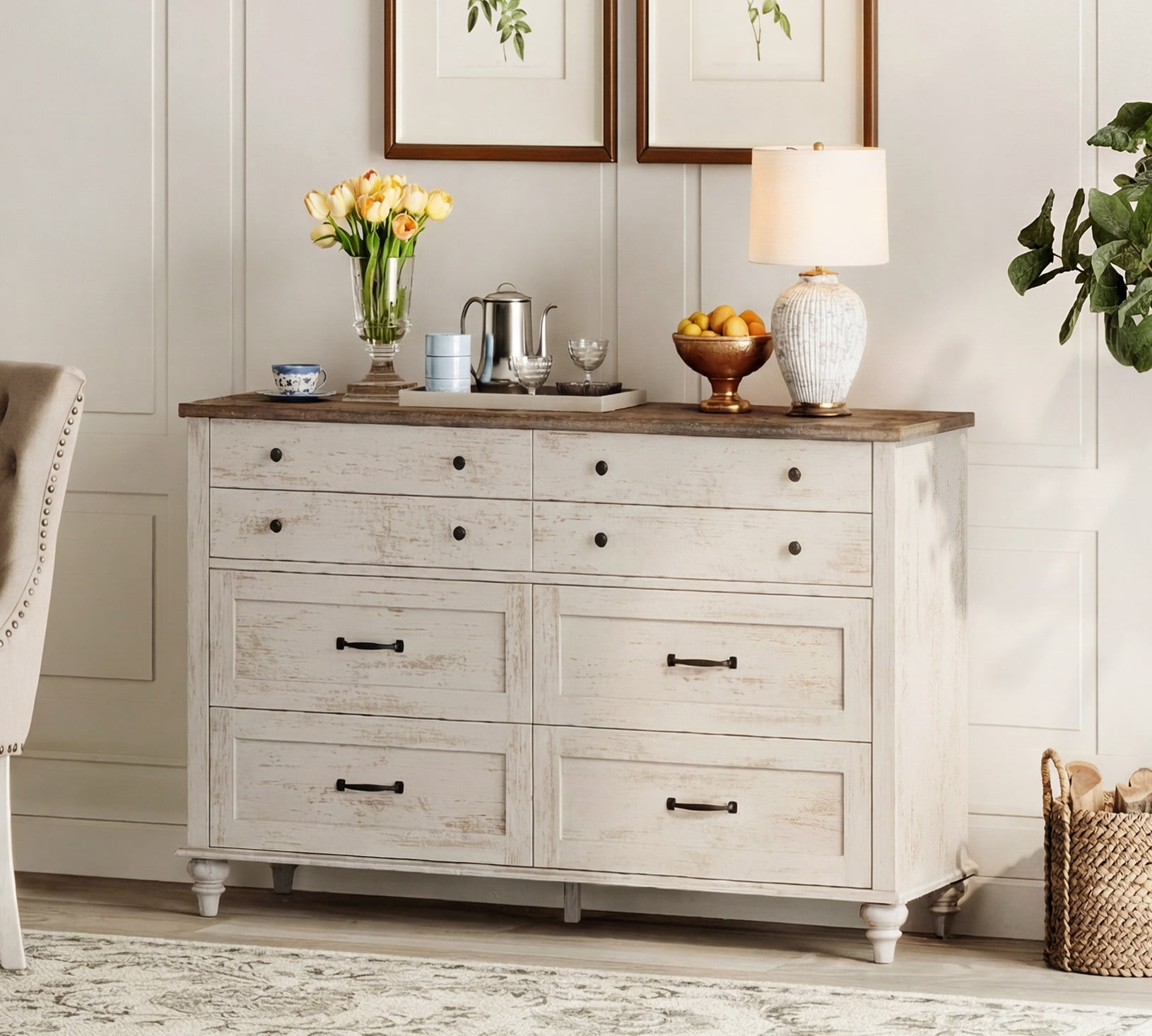 Farmhouse Dresser with 8 Drawers, Wood Kids Dresser for Bedroom Living Room, Rustic White