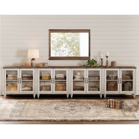 Farmhouse Dresser with 8 Glass Doors, Large Makeup Station Wood Cosmetic Storage Cabinets, Modern Dressing Credenza for Bedroom, Rustic White