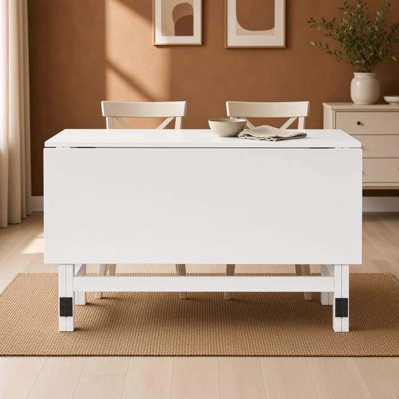 Farmhouse Drop Leaf Extendable Dining Table with Solid Wood Construction, Space-Saving Design for Small Kitchens, Seats Up to 4, White