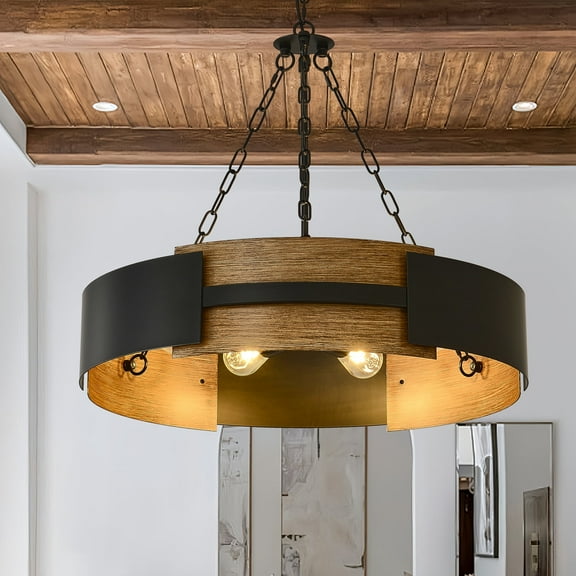 Farmhouse Drum Chandelier, 6-Light Rustic Wood Grain Pendant Light with Adjustable Chain & Dimmable Function, 27-inch Wide for Kitchen Island, Dining Room, Entryway