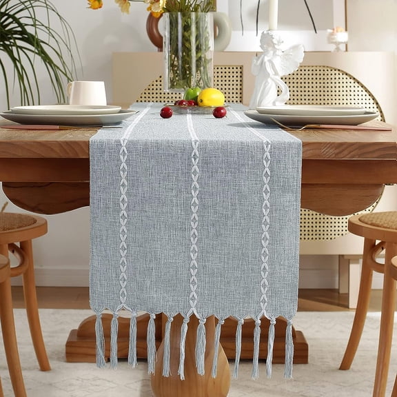 Farmhouse Dusty Blue Table Runner Vintage Cotton Linen Table Runners Rustic 120cm with Hand Tassels for Parties, Dining Room Decorations, Dessert Table Centerpieces Dusty Blue,