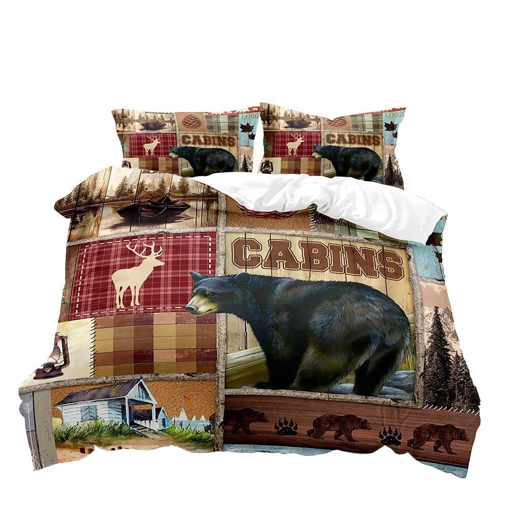 Farmhouse Duvet Cover Set Black Bear Deer Elk Moose Forest Animal