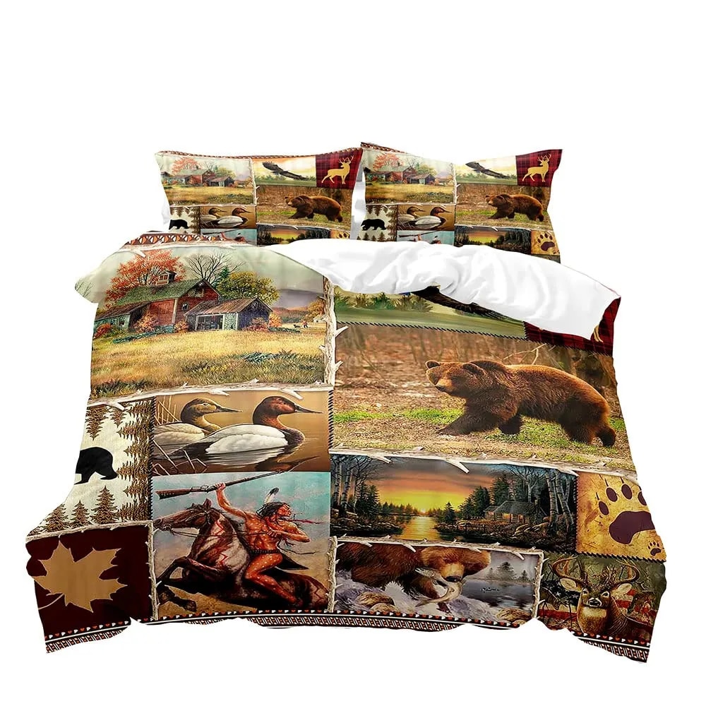 Farmhouse Duvet Cover Set Black Bear Deer Elk Moose Forest Animal