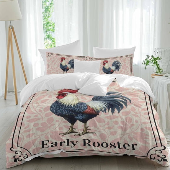Farmhouse Duvet Cover Set Queen Size, Early Rooster Animals Pink Floral Retro Border Linen 4 Piece Soft Microfiber Bedding Set with Zipper Closure, 1 Comforter Cover, 1 Flat Sheet, 2 Pillowcases