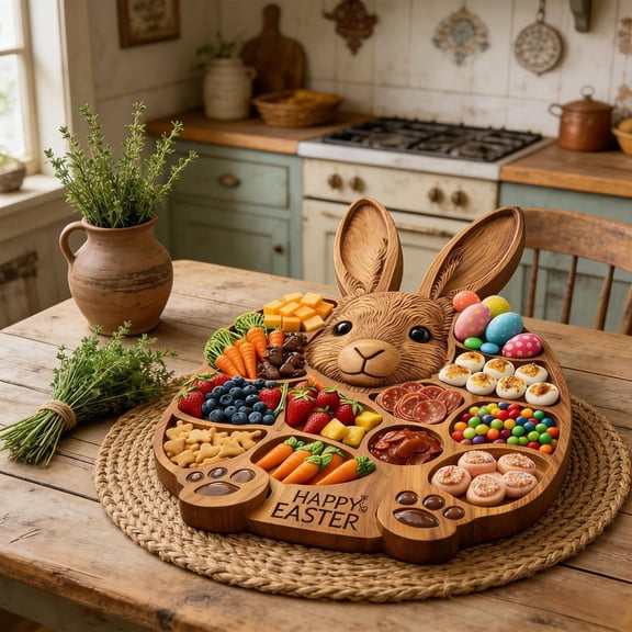 Farmhouse Easter Bunny Wooden Charcuterie Board – 2026 New Rabbit-Shaped Tray with Compartments, Handmade Snack & Cheese Platter, Easter Party Centerpiece for Holiday Treats & Kitchen Decor 1PC