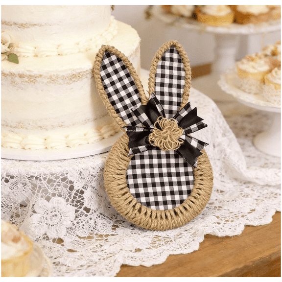 Farmhouse Easter Bunny Wreath, Black & White Buffalo Check Plaid with Jute Rope Trim, Rustic Door Hanging Decoration for Spring Holiday (Bunny Wreath)_B