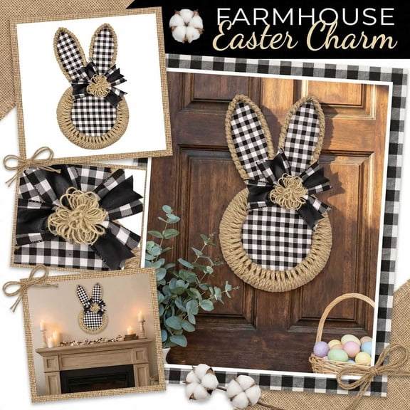 Farmhouse Easter Bunny Wreath, Black and White Buffalo Check Plaid with Jute Rope Trim, Rustic Door Hanging Decoration for Spring Holiday,A