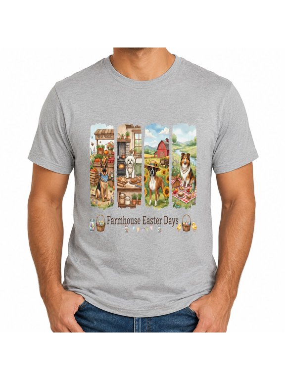 Farmhouse Easter Days Graphic T-Shirt, Easter Dogs Country Unisex Tee, Gray, Size L