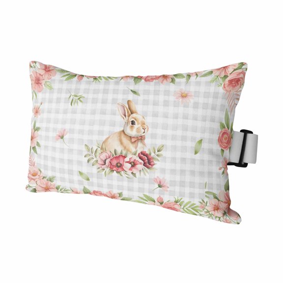 Farmhouse Easter Rabbit Outdoor Pillow for Chaise Lounge Chair,Spring Flower Leaf Buffalo Plaid Waterproof Headrest Lumbar Pillows with Insert&Elastic Strap for Patio Pool Garden Chairs Decor,1 Pack