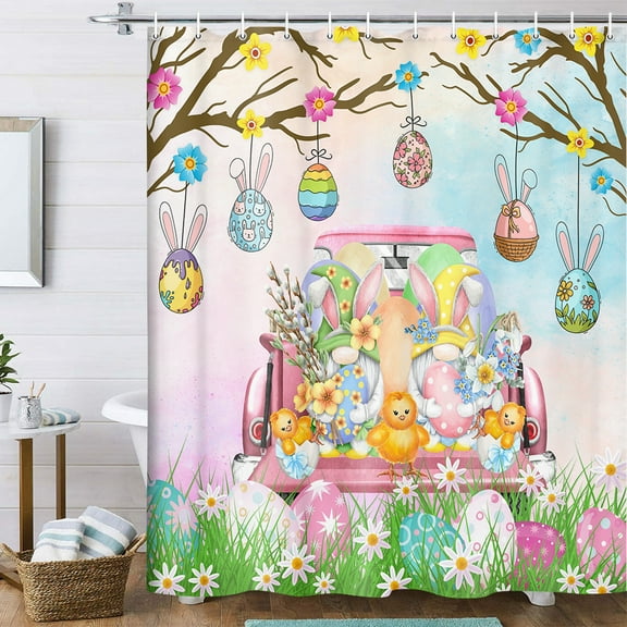 Farmhouse Easter Shower Curtain for Bathroom, Funny Bunny Gnomes Elf Ester Eggs Shower Curtain, Rustic Easter Rabbit Truck Spring Fabric Holiday Bathroom Accessories with 12PCS, 70X70IN
