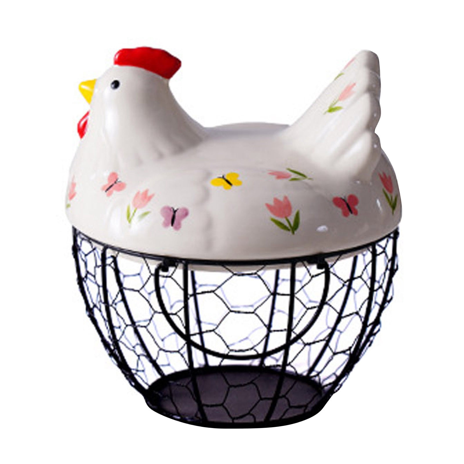 Farmhouse Egg Basket with Ceramic Lid, Black Wire Egg Holder for Fresh Eggs, Decorative Chicken Design Egg Storage Container, Kitchen Countertop Organizer Case for Eggs