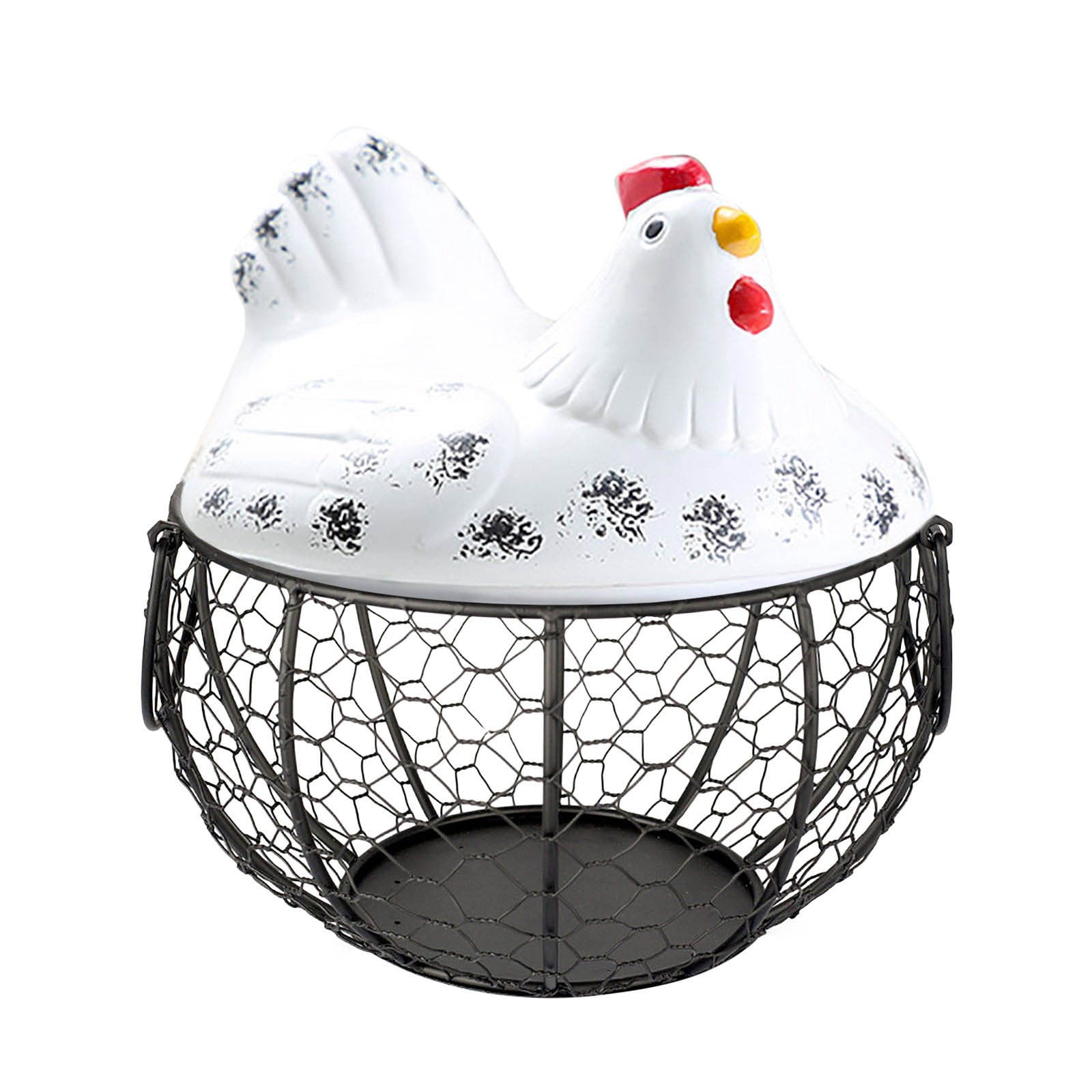 Farmhouse Egg Basket with Ceramic Lid, Black Wire Egg Holder for Fresh Eggs, Decorative Chicken Design Egg Storage Container, Kitchen Countertop Organizer Case for Eggs