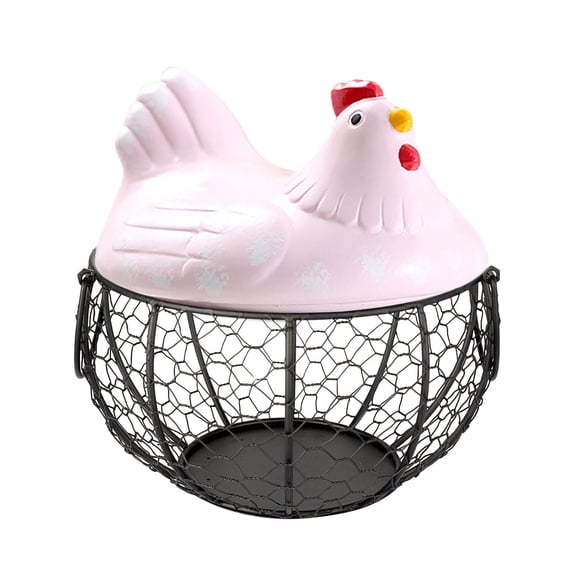 Farmhouse Egg Basket with Ceramic Lid, Black Wire Egg Holder for Fresh Eggs, Decorative Chicken Design Egg Storage Container, Kitchen Countertop Organizer Case for Eggs