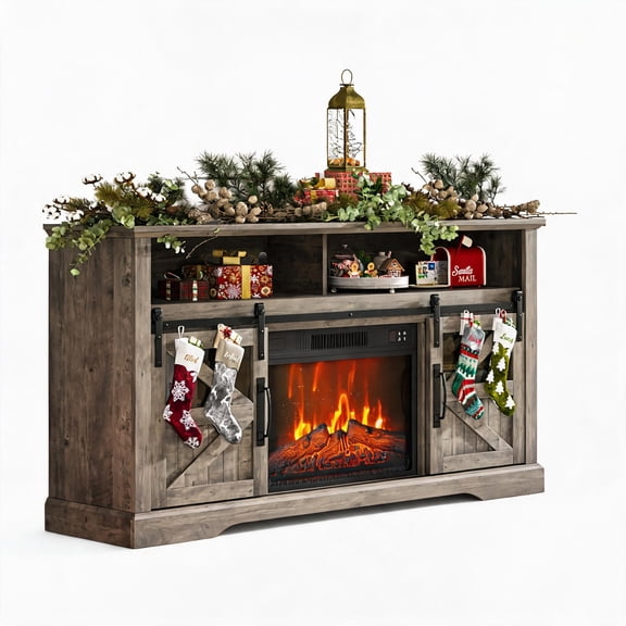 Farmhouse Electric Fireplace TV Stand for TVs up to 70" – 4600 BTU Heater, Sliding Barn Doors, Storage Cabinets, Overheat Protection, Remote Control – Grey