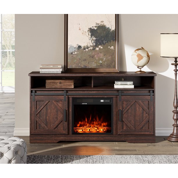 Farmhouse Electric Fireplace TV Stand for TV's up to 65 inch,Brown