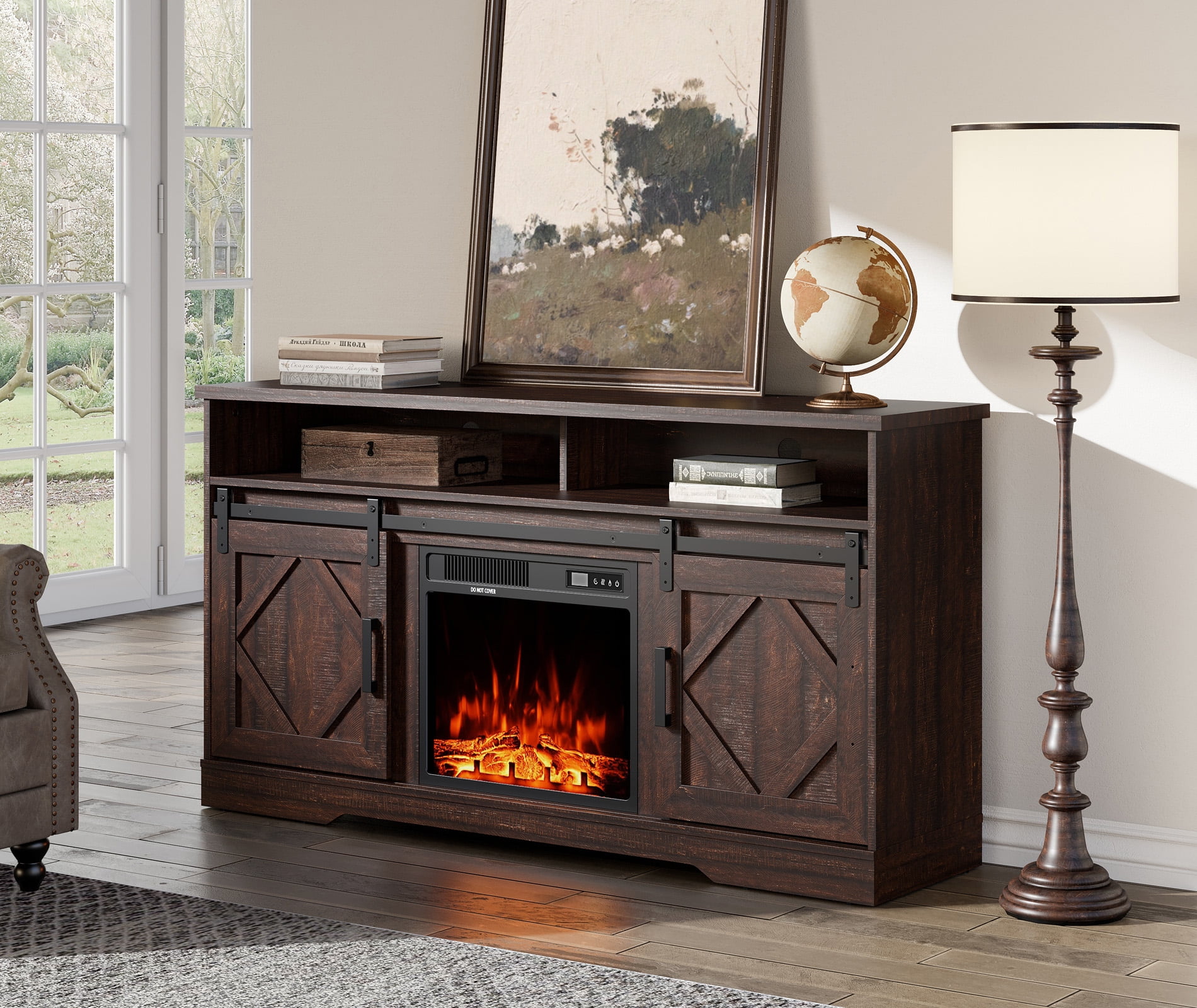 Farmhouse Electric Fireplace TV Stand for TV s up to 65 inch Wooden Entertainment Center with 2 Sliding Barn Doors Storage for Living Room Blue Light Brown Walmart
