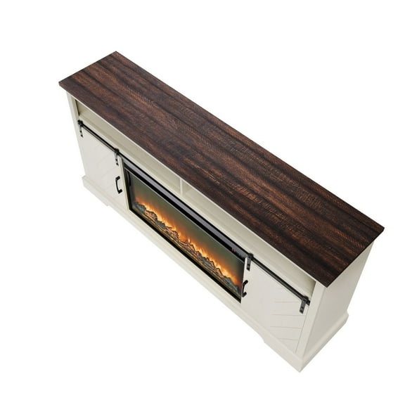 Farmhouse Electric Fireplace TV Stand with LED Lights, Holds 80 Inch TVs, White Entertainment Center for Living Room & Bedroom