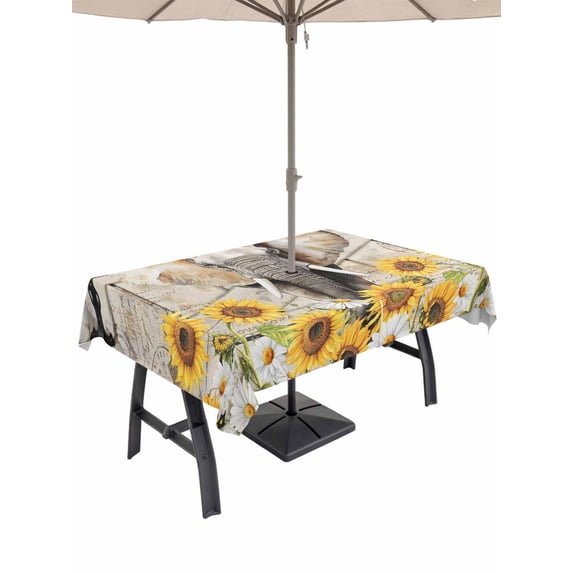 Farmhouse Elephants Outdoor Tablecloth - 52x70 Inch Rectangle Dining Table Cover, Spring Summer Sunflowers Wood Grain Waterproof Outdoor Table Cloth with Umbrella Hole & Zipper for Picnic/Patio/Party