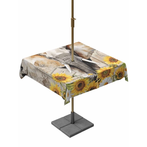 Farmhouse Elephants Outdoor Tablecloth - 54x54 Inch Square Dining Table Cover, Spring Summer Sunflowers Wood Grain Waterproof Outdoor Table Cloth with Umbrella Hole & Zipper for Picnic/Patio/Party