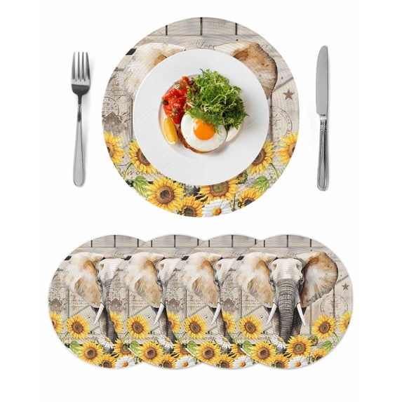 Farmhouse Elephants Round 13 Inch Placemats Set of 4, Spring Summer Sunflowers Wood Grain HeatResistant Non Slip Place Mats for Dining Table, Wipeable Braided Kitchen Table Mats for Housewarming