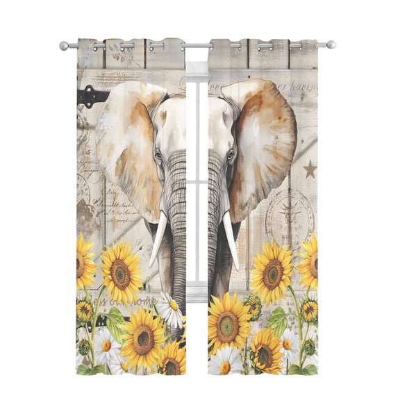 Farmhouse Elephants Sheer Curtains 84 Inch Length 2 Panels Set for Living Room/Bedroom, Spring Summer Sunflowers Wood Grain Kitchen Curtains Grommet Semi-Sheer Curtains Window Treatments 42"x84"x2