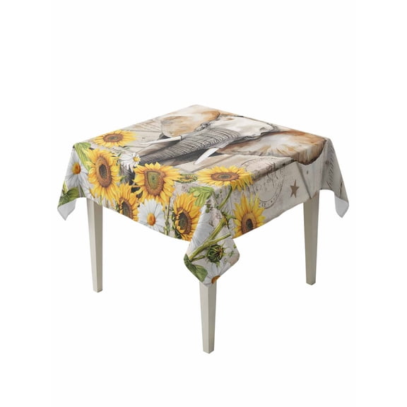 Farmhouse Elephants Table Cloth, Waterproof Tablecloth for Square Tables, Spring Summer Sunflowers Wood Grain Reusable Washable Fabric Table Cover for Restaurant Kitchen Dining Tables 60"x60"