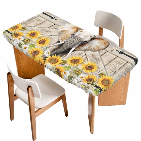 Farmhouse Elephants Table Cloths for 4 Foot Rectangle Tables, Spring Summer Sunflowers Wood Grain Patio Waterproof Elastic Fitted Tablecloths, Washable Rectangular Table Cover for Camping