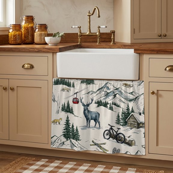 Farmhouse Elk Cabinet Curtains 28"W x 35L, Forest Mountain Cabin Vintage Cottagecore Under Sink Skirt for Bathroom Vanity Kitchen Self Adhesive, Dust-Proof Privacy Curtain for Closet Shelves Laundry