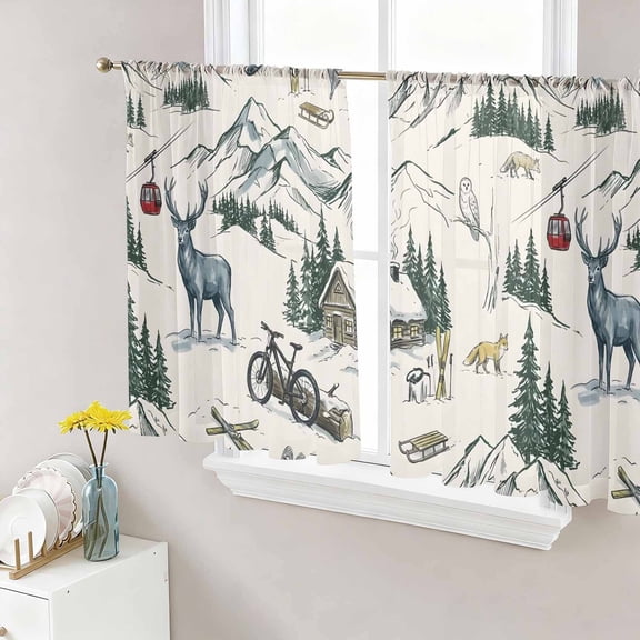 Farmhouse Elk Sheer Curtains 45 Inch Length 2 Panels Set, Forest Mountain Cabin Vintage Cottagecore Voile Window Treatment Rod Pocket Small Kitchen Curtains Drapes for Bedroom 52"x45"x2
