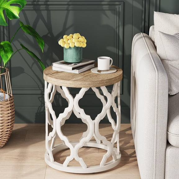 Farmhouse End Table, 18.5'' French Country Round Side Table, Distressed Top Side Table with Curved Motif Frame Base for Boho, End Tables Living Room, Bedroom, Small Space, Easy Assembly