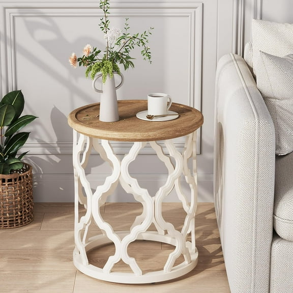 Farmhouse End Table, 18.5'' French Country Round Side Table, Distressed Tray Top Side Table with Curved Motif Frame Base for Boho, End Tables Living Room, Bedroom, Small Space, Easy Assembly