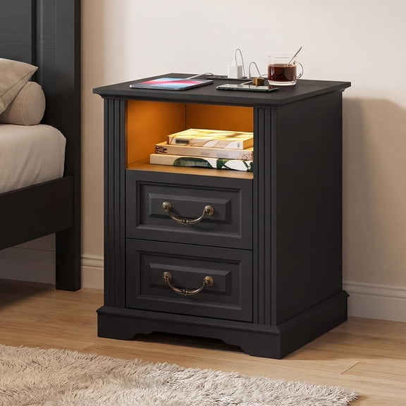 Farmhouse End Table with 2 Drawers, Nightstand with Charging Station, End Tables Living Room with LED Lights, Bedside Table for Bedroom, Living Room, Black