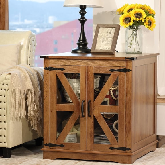 Farmhouse End Table, 24" Large End Tables with Storage, Rustic Square Sofa Beside Table with Glass Barn Door, Wood Side Table Square Nightstand for Living Room, Bedroom