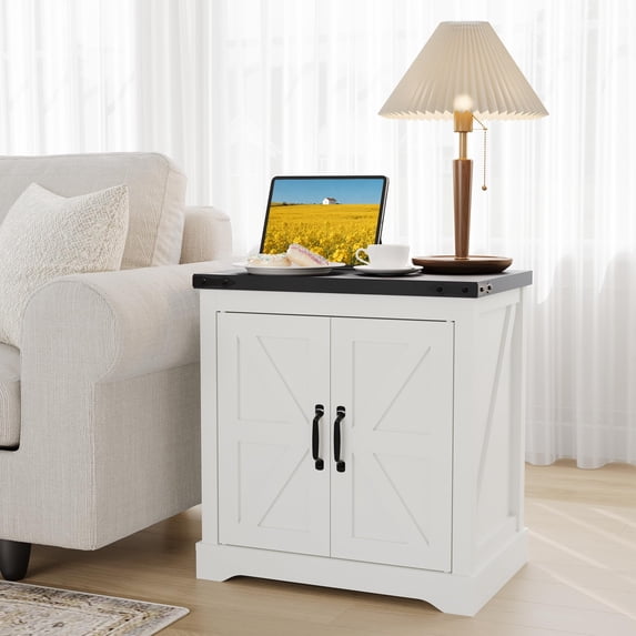 Farmhouse End Table - 24" White Farmhouse End Table with USB Charging Station & Barn Door, Rustic Wood,Side Table for Bedroom Living Room
