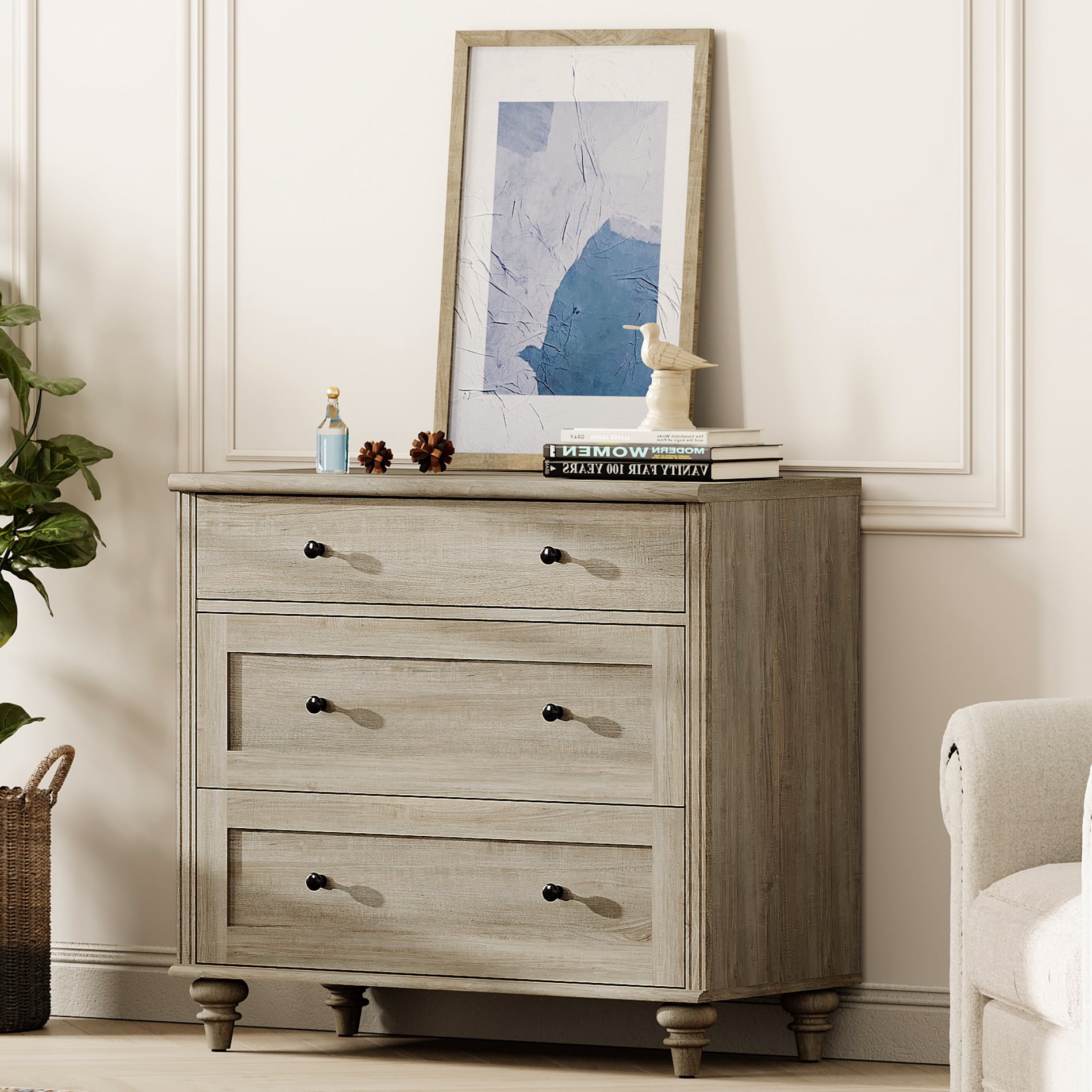 Farmhouse End Table with 3 Drawers, Large Wood Side Table Nightstands, Wide Bedside Table 3 Drawers Chest of Dresser for Living Room, Bedroom, Grey Wash