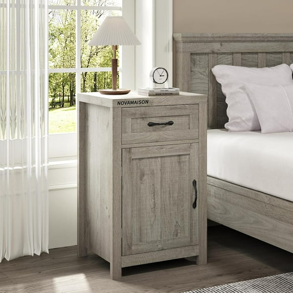 Farmhouse End Table, 30” Rustic Nightstand with Drawer and Storage Cabinet, Wood Sofa Side Bedside Table with Adjustable Shelf for Living Room, Bedroom, Grey