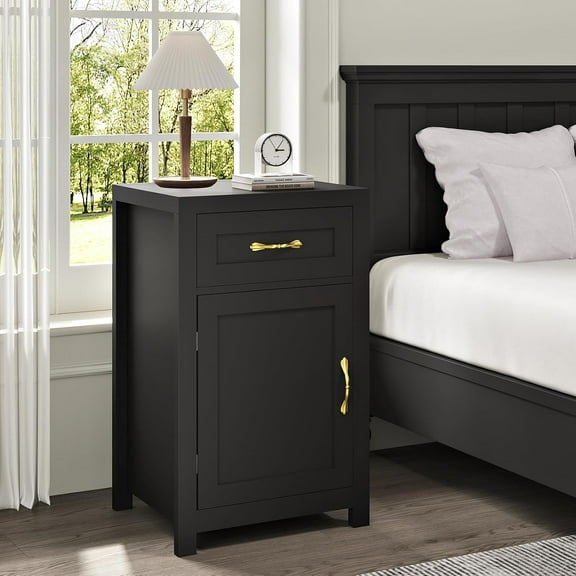 Farmhouse End Table, 30” Tall Rustic Nightstand with Drawer and Storage Cabinet, Wood Sofa Side Bedside Table with Adjustable Shelf for Living Room, Bedroom, Black