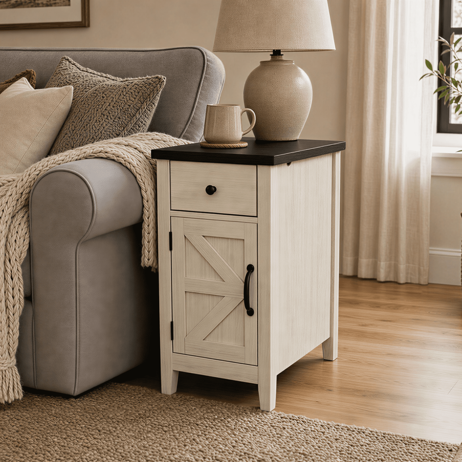 Farmhouse End Table Bedside Table with Charging Station,Night Stand with Barn Door and Drawer, Storage for Bedroom Living Room ,Bedside Table, White+Black color