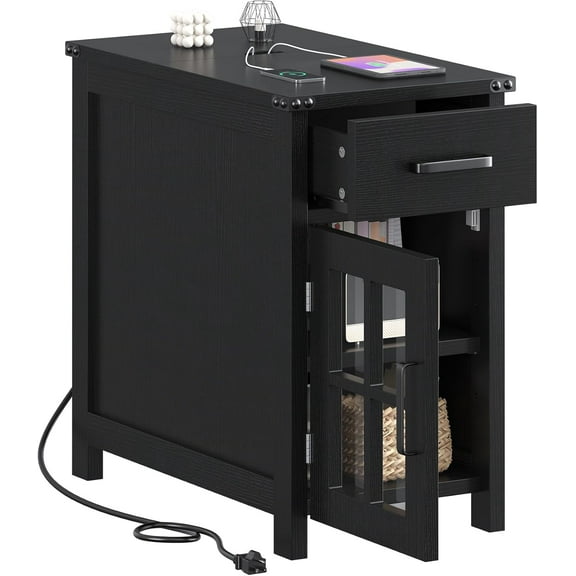 Farmhouse End Table with Charging Station and 1 Storage Cabinet, 1 Drawer, Black Wood Nightstand Narrow, Skinny Side Table, Slim Bedside Table, Small Nightstand for Bedroom, Living Room, Sofa