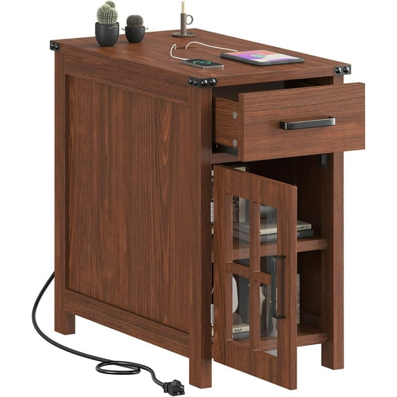 Farmhouse End Table with Charging Station and 1 Storage Cabinet, 1 Drawer, Cherry Wood Nightstand Narrow, Skinny Side Table, Slim Bedside Table, Small Nightstand for Bedroom, Living Room, Sofa